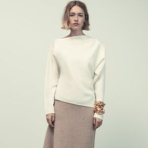 Zara Cream 100% Wool Asymetrical Ruched Neckline Sweater